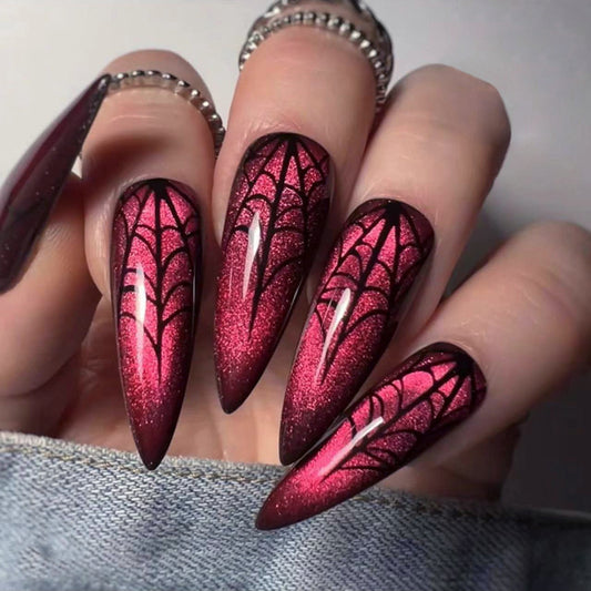 Red Cat eye with Spider Web-Long Stilleto HW24LF03